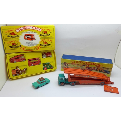 626 - A Matchbox Car Transporter M-8, boxed, a Matchbox Fiat 1500, no.55 and a Matchbox 40th Anniversary c... 