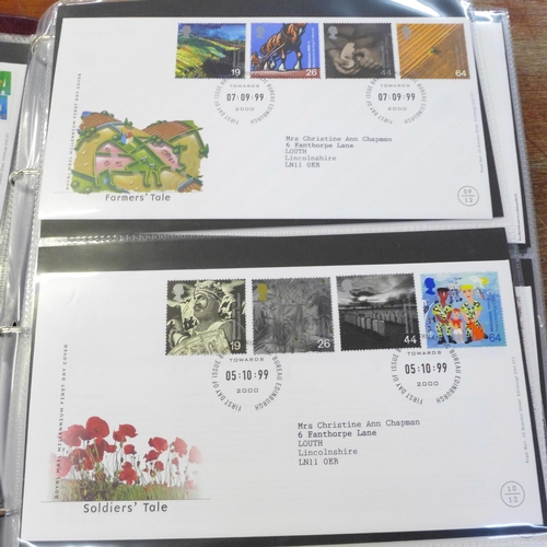 708 - Stamps; GB first day covers 1999 to 2005 in Royal Mail album, 84 no., clean typed covers with bureau... 