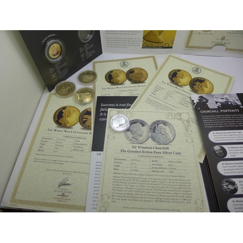 683 - Coins including a Sir Winston Churchill silver coin, three coin folders, partially complete and a ti... 