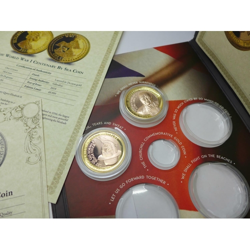 683 - Coins including a Sir Winston Churchill silver coin, three coin folders, partially complete and a ti... 