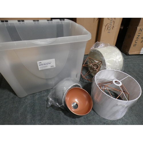 3057 - A plastic storage crate & misc. lamp shades * this lot is subject to VAT