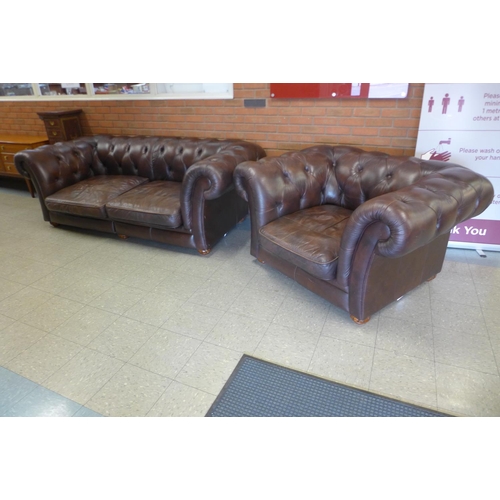 16a - A chestnut brown leather Chesterfield settee and matching armchair