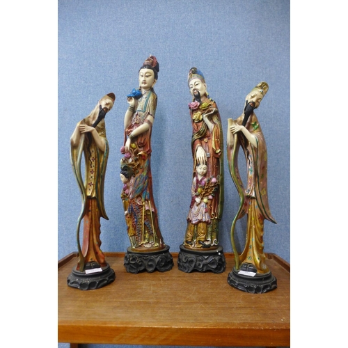 397 - A pair of tall Chinese figures and one smaller pair, smaller pair a/f