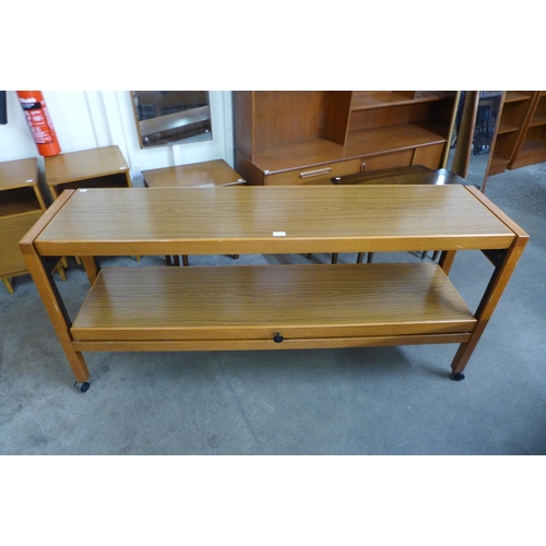 76 - A teak metamorphic trolley/diner and pair of benches