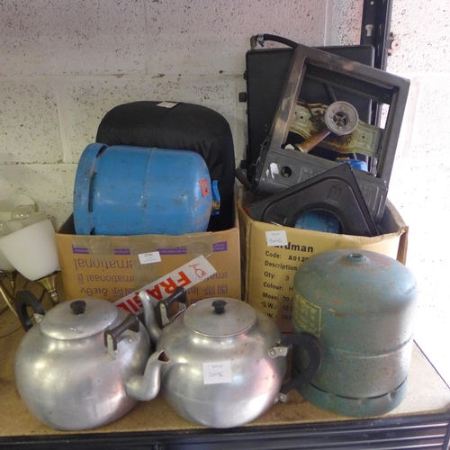 2096 - Small qty, of camping stoves, 2 kettles, sleeping bag & 2 small gas bottles