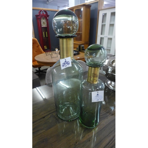 1385 - A pair of tall green glass apothecary jars with brass neck   (GW9030)   #