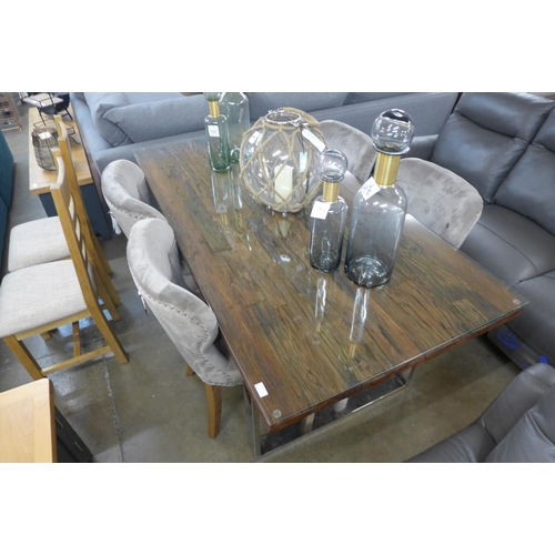 1387 - A railway sleeper 180cm dining table and four Arlo chairs - chip to wooden top