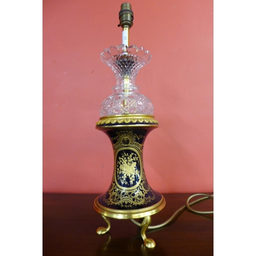 336 - A French style cobalt porcelain, gilt metal and cut glass table lamp