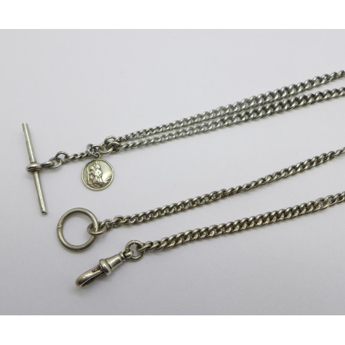 1002 - A silver double Albert watch chain with T-bar and one other silver Albert chain