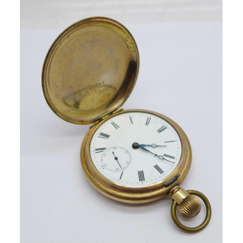 1012 - A gold plated pocket watch, lacking glass, case worn