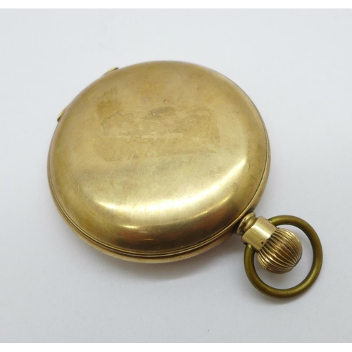 1012 - A gold plated pocket watch, lacking glass, case worn