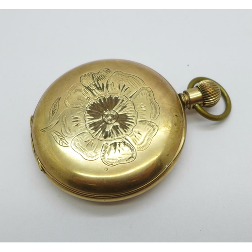 1012 - A gold plated pocket watch, lacking glass, case worn