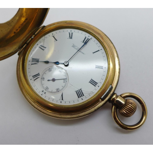 1014 - A Waltham half hunter pocket watch, lacking glass