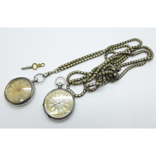 1018 - Two silver fob watches including one by Benson, glass a/f, and a guard chain