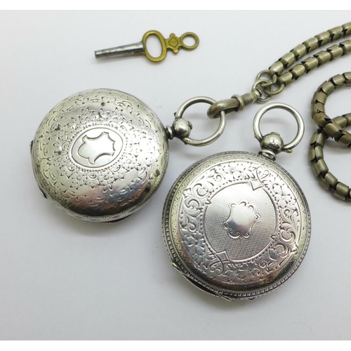 1018 - Two silver fob watches including one by Benson, glass a/f, and a guard chain