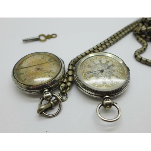 1018 - Two silver fob watches including one by Benson, glass a/f, and a guard chain