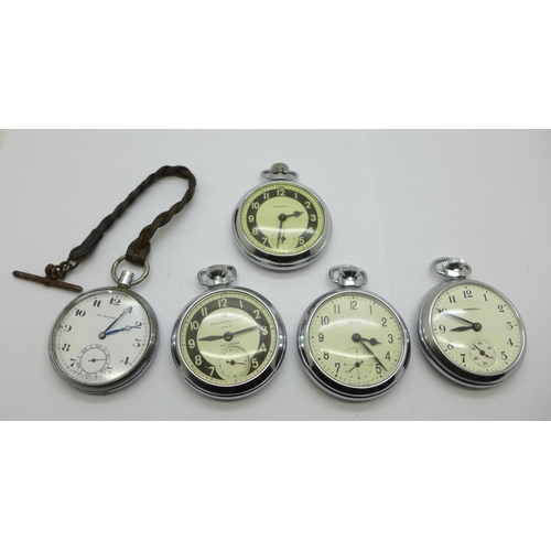 1019 - Five pocket watches, one lacking button