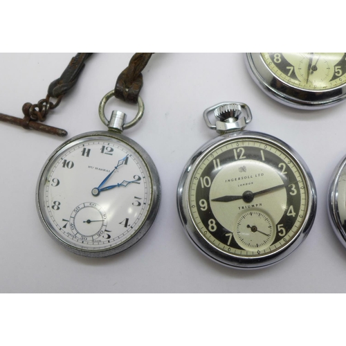 1019 - Five pocket watches, one lacking button