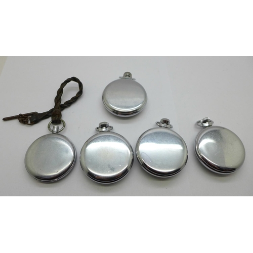 1019 - Five pocket watches, one lacking button