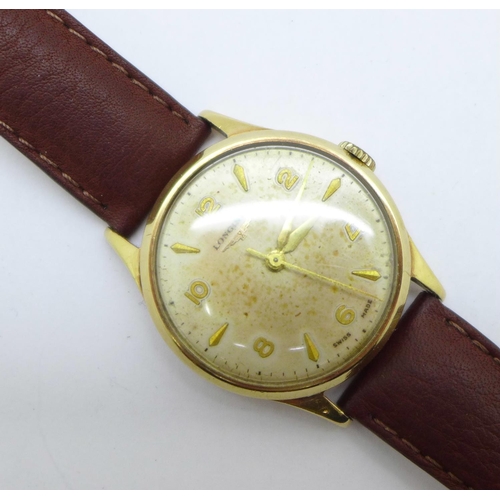 1022 - A 9ct gold cased gentleman's Longines wristwatch with original box, the case back with inscription, ... 