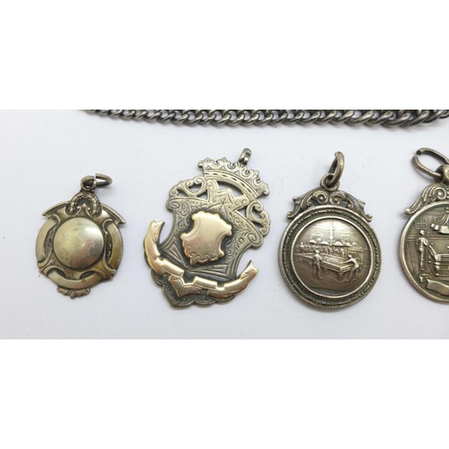 1027 - Four silver fob medals including two snooker, and a silver chain with two Albert clips, each link ma... 