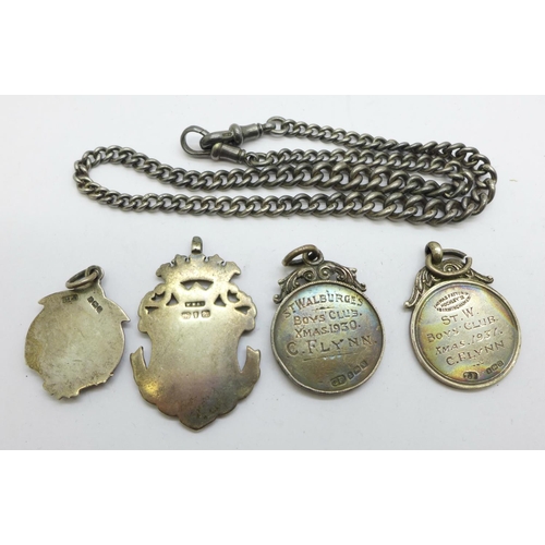 1027 - Four silver fob medals including two snooker, and a silver chain with two Albert clips, each link ma... 