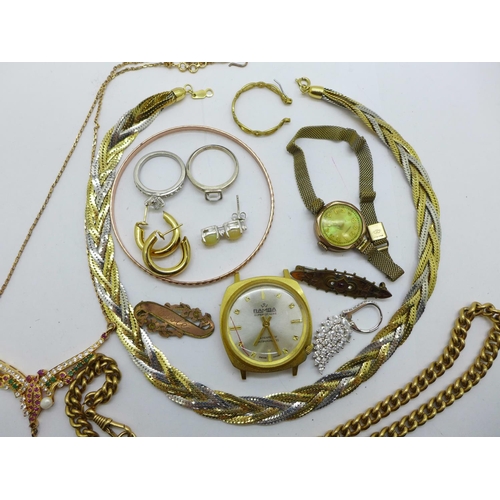 1034 - Jewellery including two necklaces, a plated Albert chain and two wristwatches, etc., (three single e... 