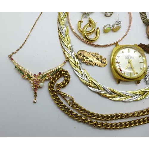 1034 - Jewellery including two necklaces, a plated Albert chain and two wristwatches, etc., (three single e... 