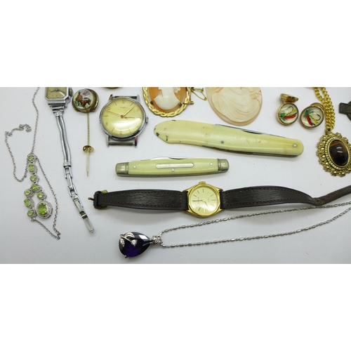 1035 - A pair of fly fishing cufflinks, jewellery, wristwatches, pocket knives, etc., some a/f