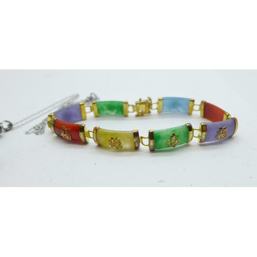 1038 - A 925 silver gilt and coloured stone bracelet and a 925 silver mounted cross pendant and chain