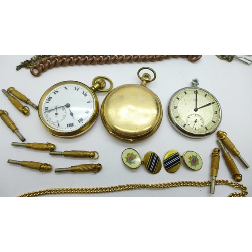 1041 - Three pocket watches, keys and two chains, two watches a/f