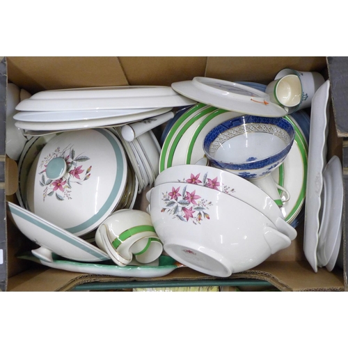 1084 - Two boxes of assorted china including Cottage Ware, Midwinter, Doulton, Hummel plate, a Minton large... 