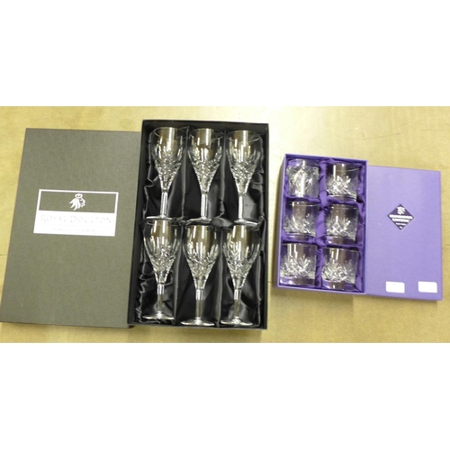 1087 - Six Edinburgh Crystal whisky glasses and a set of six large Royal Doulton wine glasses, boxed **PLEA... 