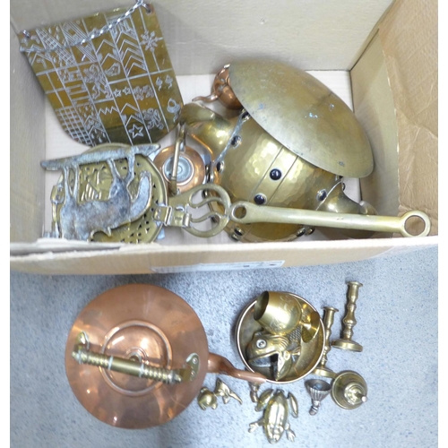 1094 - A collection of brassware and copper including a replica Viking helmet lacking liner **PLEASE NOTE T... 