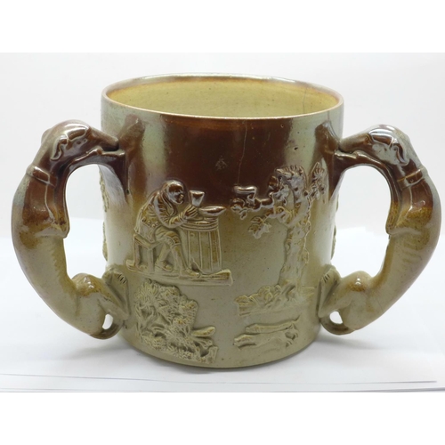 618 - A salt glaze three handled hunting mug, 16cm, a/f (cracked)