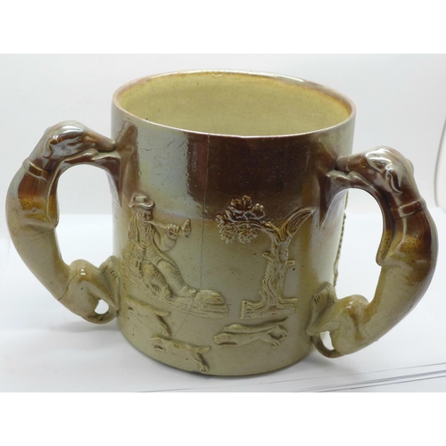 618 - A salt glaze three handled hunting mug, 16cm, a/f (cracked)