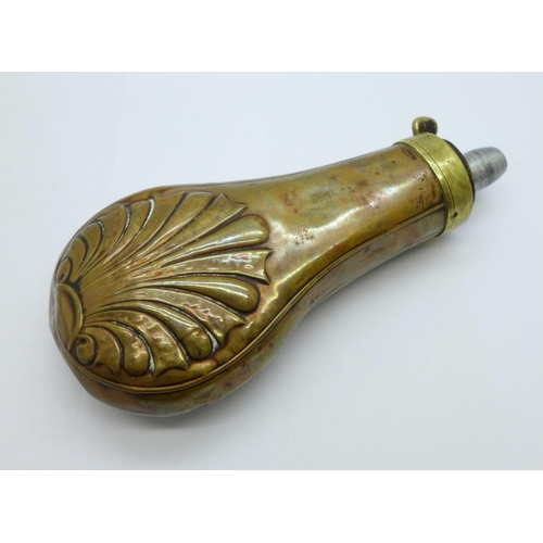 632 - A copper and brass mounted powder flask