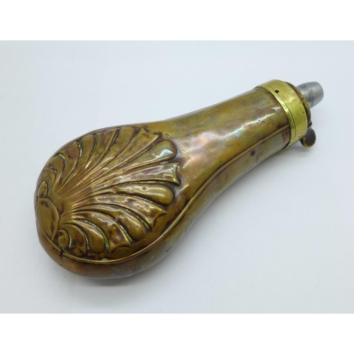 632 - A copper and brass mounted powder flask