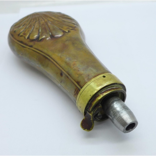 632 - A copper and brass mounted powder flask