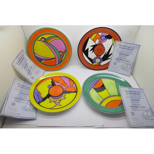 675 - Four Wedgwood Bradford Exchange Clarice Cliff Celestial Fires plates, 20.5cm, limited edition, with ... 