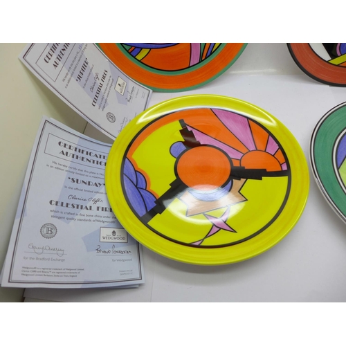 675 - Four Wedgwood Bradford Exchange Clarice Cliff Celestial Fires plates, 20.5cm, limited edition, with ... 