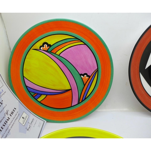 675 - Four Wedgwood Bradford Exchange Clarice Cliff Celestial Fires plates, 20.5cm, limited edition, with ... 