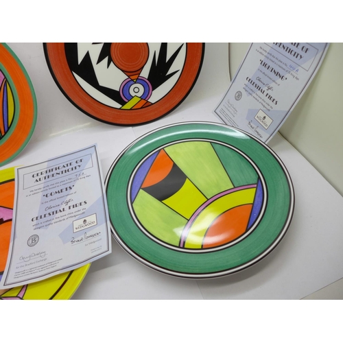 675 - Four Wedgwood Bradford Exchange Clarice Cliff Celestial Fires plates, 20.5cm, limited edition, with ... 