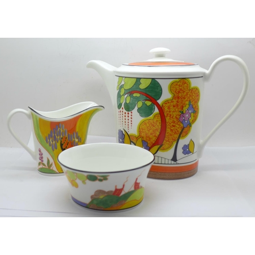 677 - Wedgwood Clarice Cliff The Connoisseur Collection Cafe Chic; coffee pot, milk jug and sugar bowl, li... 