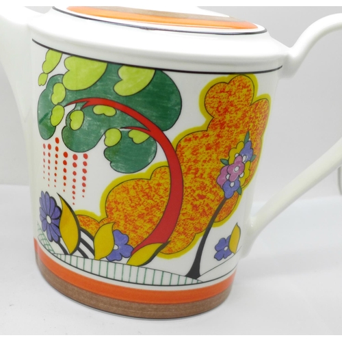 677 - Wedgwood Clarice Cliff The Connoisseur Collection Cafe Chic; coffee pot, milk jug and sugar bowl, li... 