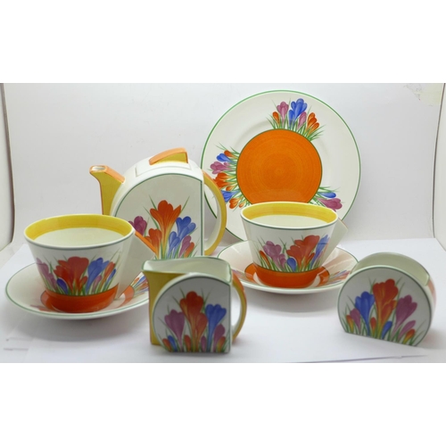 682 - Wedgwood Clarice Cliff 'Tea For Two', one Crocus milk jug, sugar bowl and toast plate, one Crocus te... 