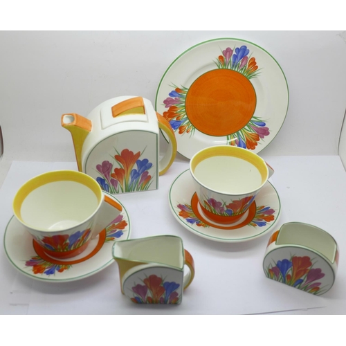 682 - Wedgwood Clarice Cliff 'Tea For Two', one Crocus milk jug, sugar bowl and toast plate, one Crocus te... 