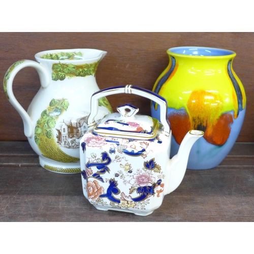 697 - A Poole pottery vase, a Mason's kettle and a Wade jug