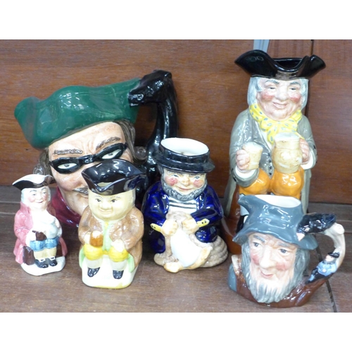 705 - A large Royal Doulton character mug, Dick Turpin, five Toby jugs including large Happy John, Wood & ... 