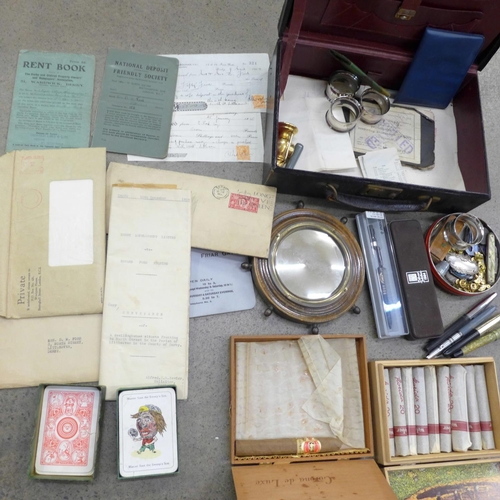 738 - Assorted items including pens, badges, cigars and legal documents